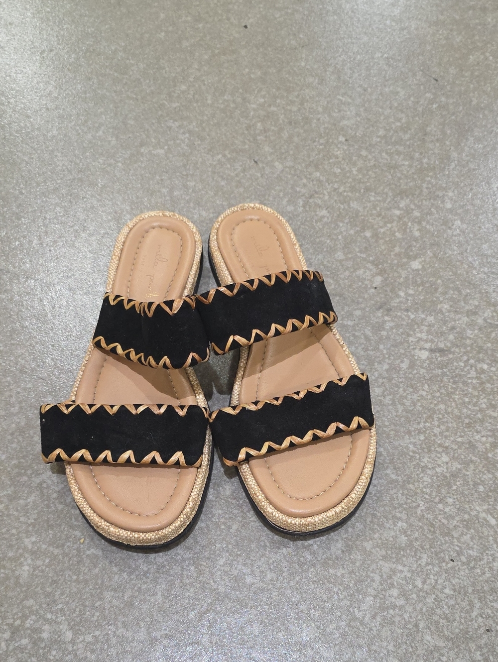 Mila Paoli Black Suede Double-Strap Slide Sandals with Tan Trim